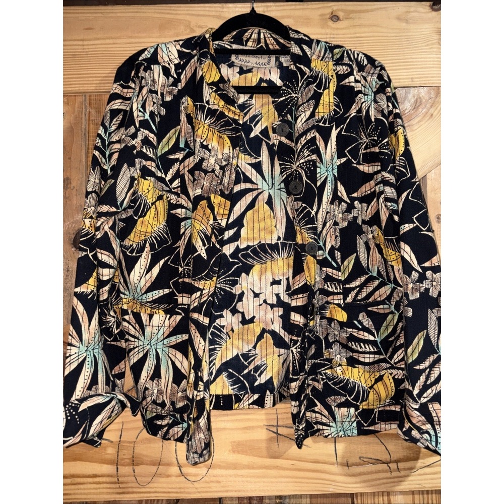 Vtg Life Style 100% Cotton Floral Relaxed Jacket Embroidered Lines Size Small